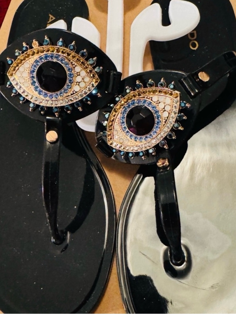 Aldo Black Jeweled Evil Eye Thong Sandals